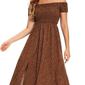 Women's Boho Floral Print Off Shoulder Split Long A Line Dress